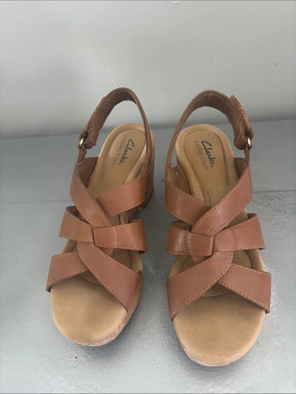 Clarks Tan Leather Crisscross Wedge Sandals